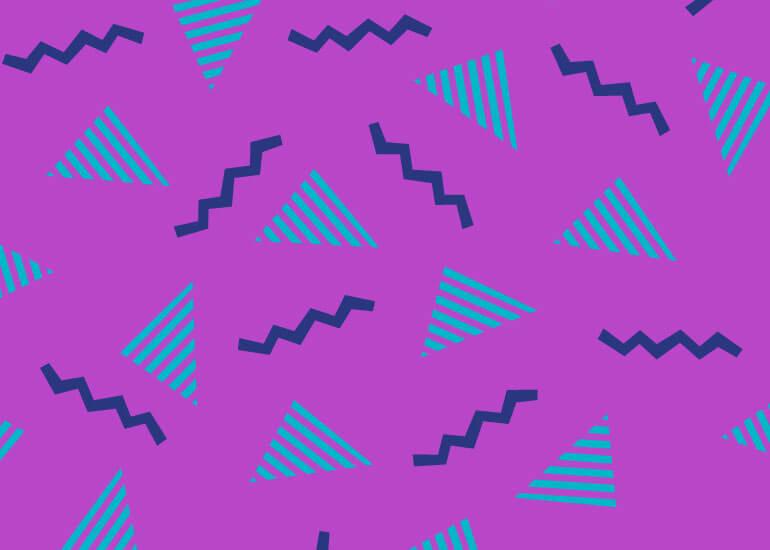 Teal triangles and navy zig zags on a purple background.