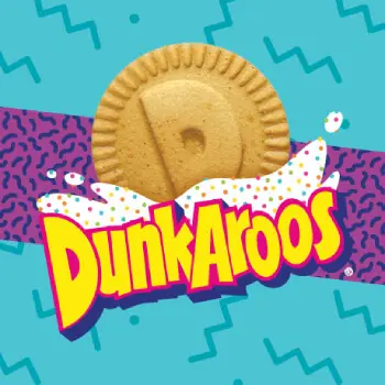 Dunkaroos logo on a patterned teal and purple background. - Link to social post